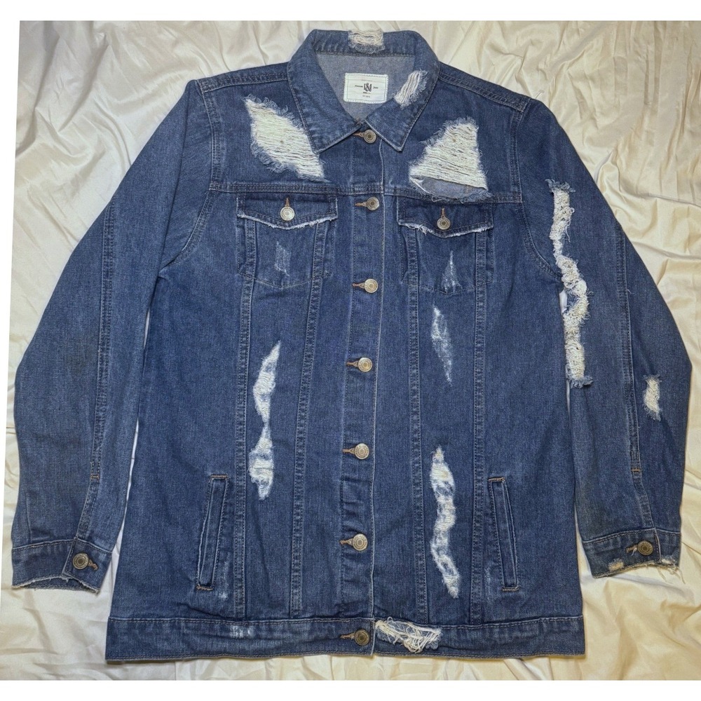 I&M Jeans Distressed Denim‎ Jacket Womens Medium Blue Ripped Streetwear IH9086